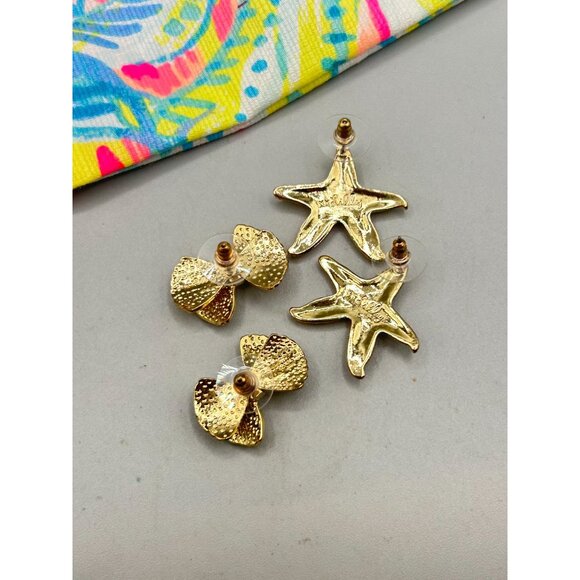 Signed Lilly Pulitzer Earrings Gold Bow & Starfish Studs Designer Signed Jewelry - Picture 7 of 9